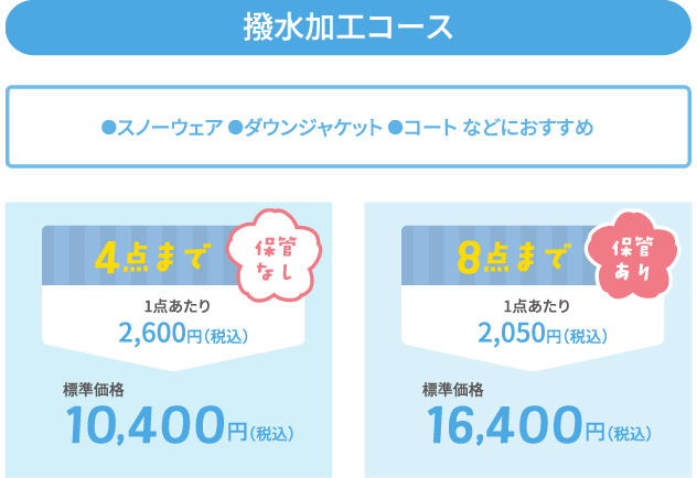 【撥水加工コース】衣類4点まで(保管なし)、衣類8点まで(保管あり)、撥水加工はスノーウェア、ダウンジャケット、コートなどがおすすめです。